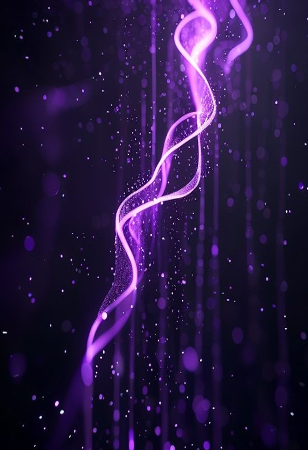 Abstract glowing violet funnel of light and data particles converging on a bright point