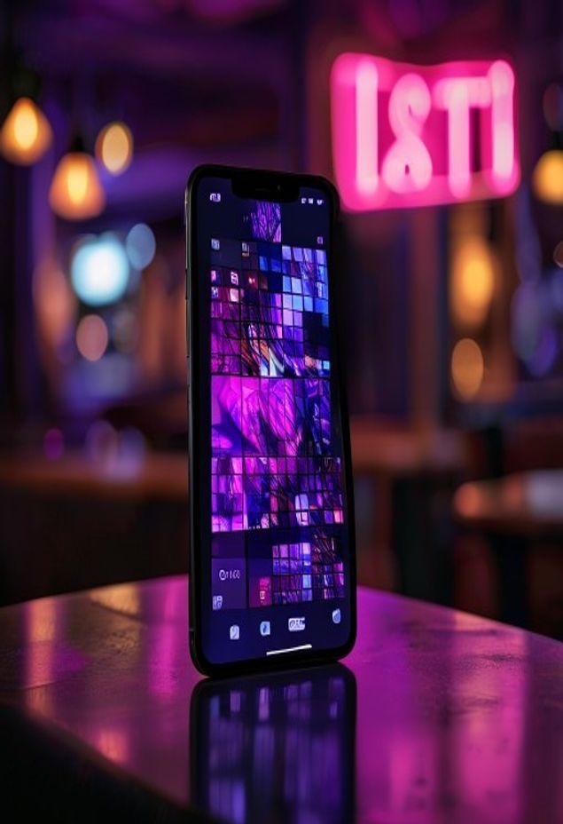 A smartphone glowing with a vibrant social feed on a dark café counter at night